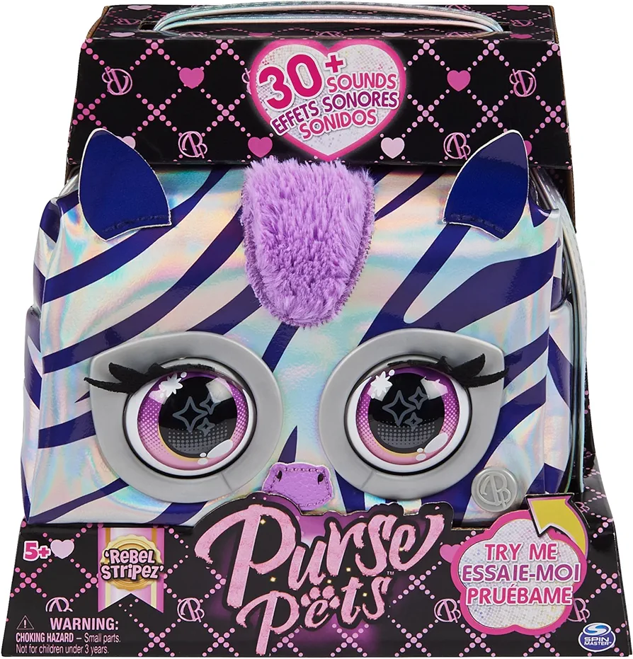 PURSE PETS Metallic Magic - Zebra - Interactive Companion - Hand Bag - Interactive Animal - Metallic Style Interactive Animal That Flashes Eyes - Sounds and Play Modes - Children's Toy Age 5+