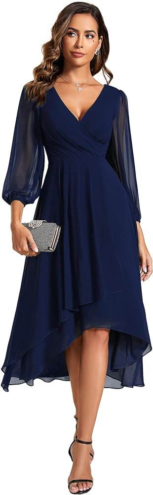 Ever-Pretty Women's Chiffon Spring V Neck Long Sleeves Pleated A-Line Midi Length Wedding Guest Dress 01926