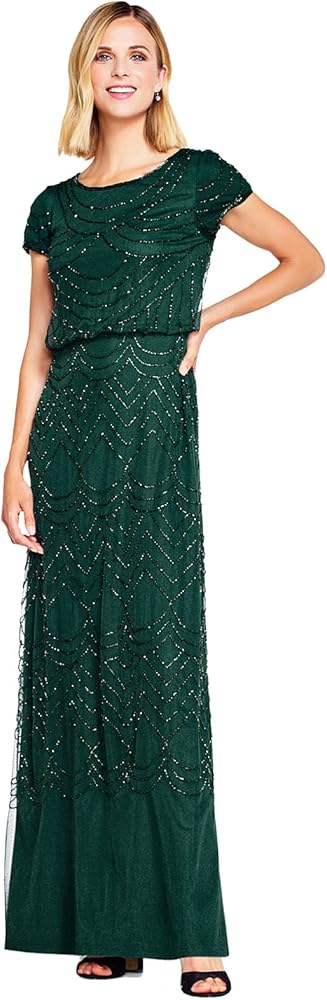 Adrianna Papell Women's Short Sleeve Blouson Beaded Gown