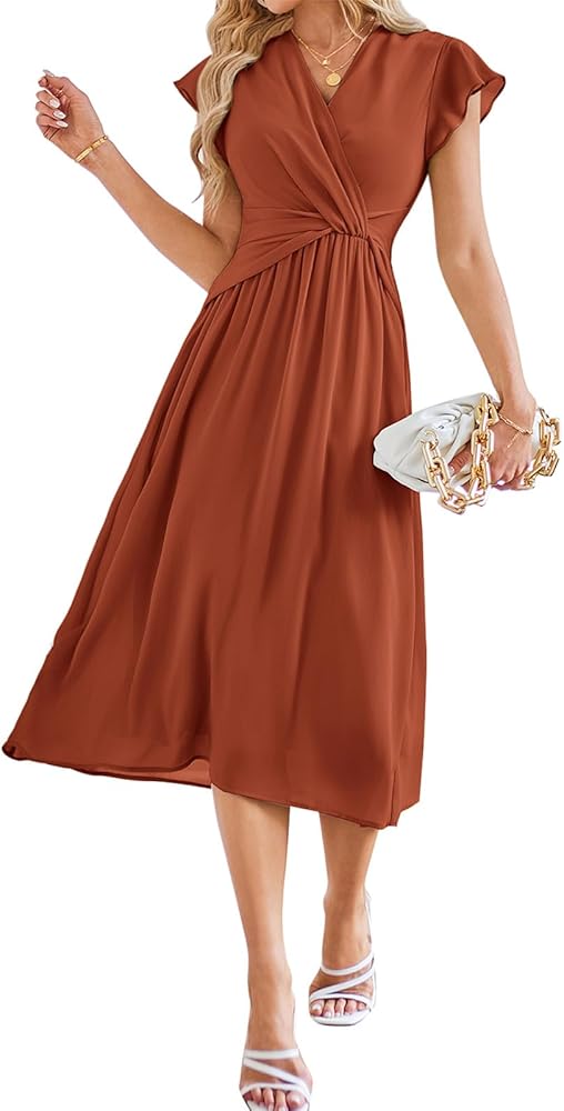 JASAMBAC Womens Dresses Casual Ruffle Short Sleeves Chiffon Empire Waist Elastic V-Neck Wedding Guest A-Line Maxi Dress