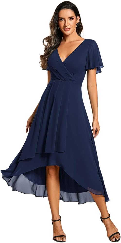 Ever-Pretty Women's A Line V Neck Ruffle Sleeves Pleated High Low Formal Dresses 02084