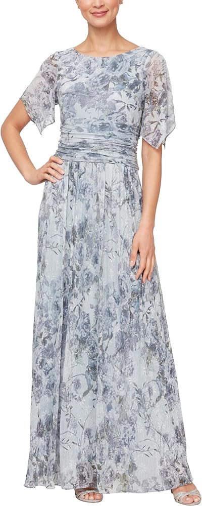 S.L. Fashions Women's Long A-line Gown W/Flutter Sleeves & Ruched Waist, Wedding Guest, Party Dress (Petite & Regular Sizes)