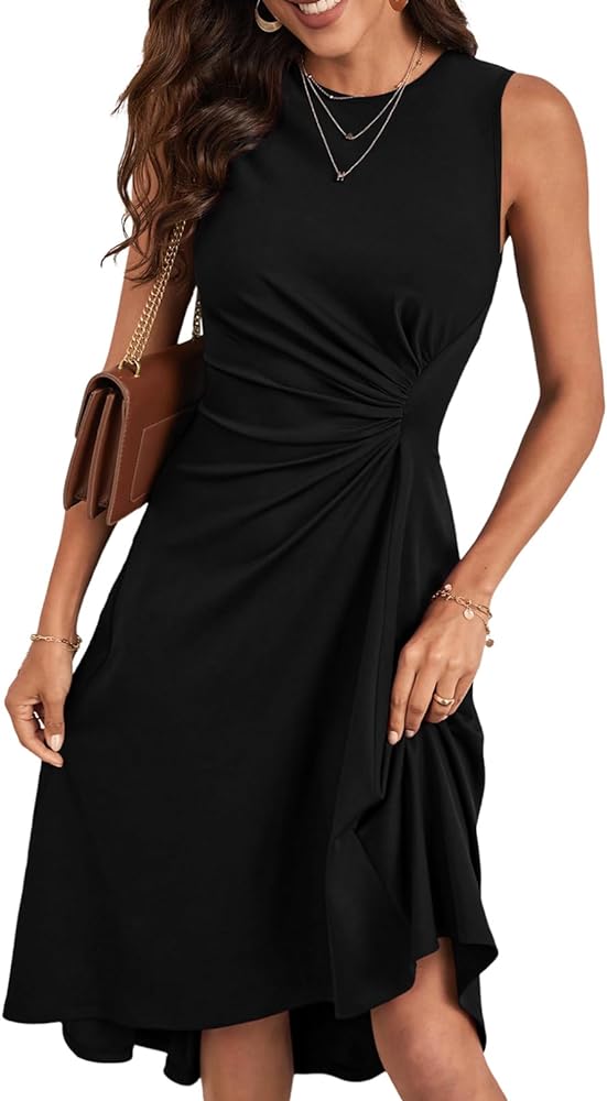 Happy Sailed Women's Summer Sleeveless Ruched Waist Flowy A Line High Low Midi Cocktail Party Dress