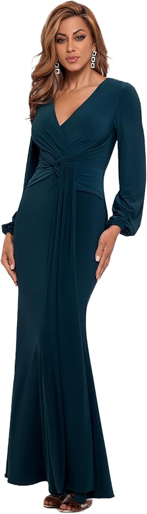 Betsy & Adam Women's Petite Long Sleeve V-Neck Stretch Wrap Knot Dress