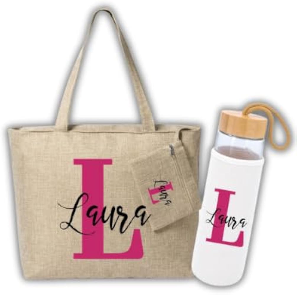 | Personalized Glass Bag and Bottle Pack with Initial and Name | Personalized Gifts for Children | Beach Bag | Original Gifts for Women | Ideal For Gifts, beige