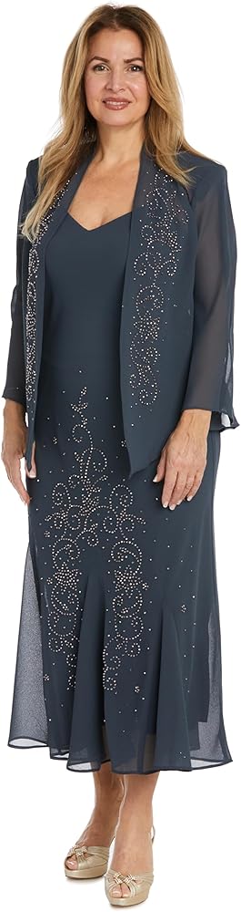 R&M Richards Womens Chiffon Beaded Dress with Jacket