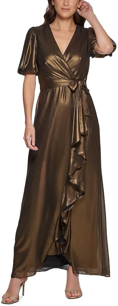 DKNY Women's Foil Chiffon Ruffle Skirt V-Neck Dress