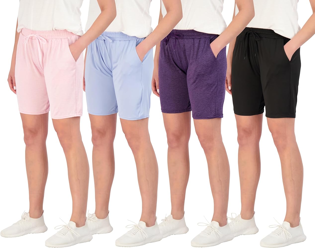 Real Essentials 4 Pack: Women's Dry-Fit Athletic 7" Bermuda Long High Waisted Running Shorts (Available in Plus Size)