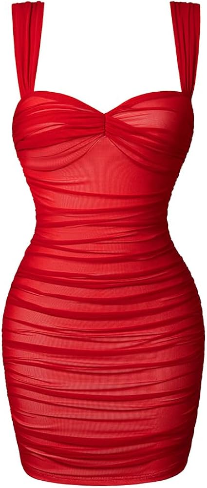 LAGSHIAN Women's Summer Sexy Bodycon Sleeveless Tank Straps Mesh Ruched Mini Party Dress