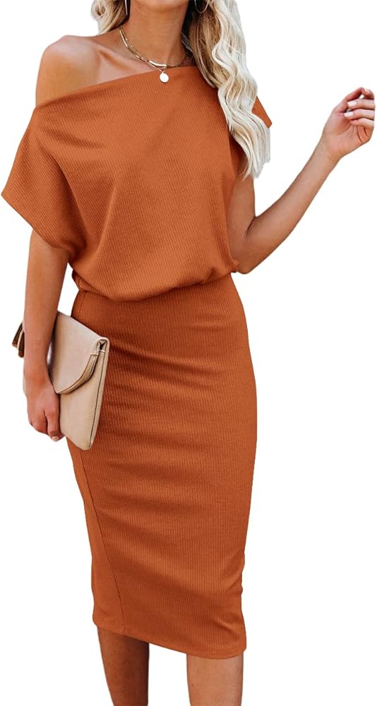 Ezbelle Women's 2024 Summer Dress Off The Shoulder Short Sleeve Ribbed Casual Party Bodycon Midi Dresses