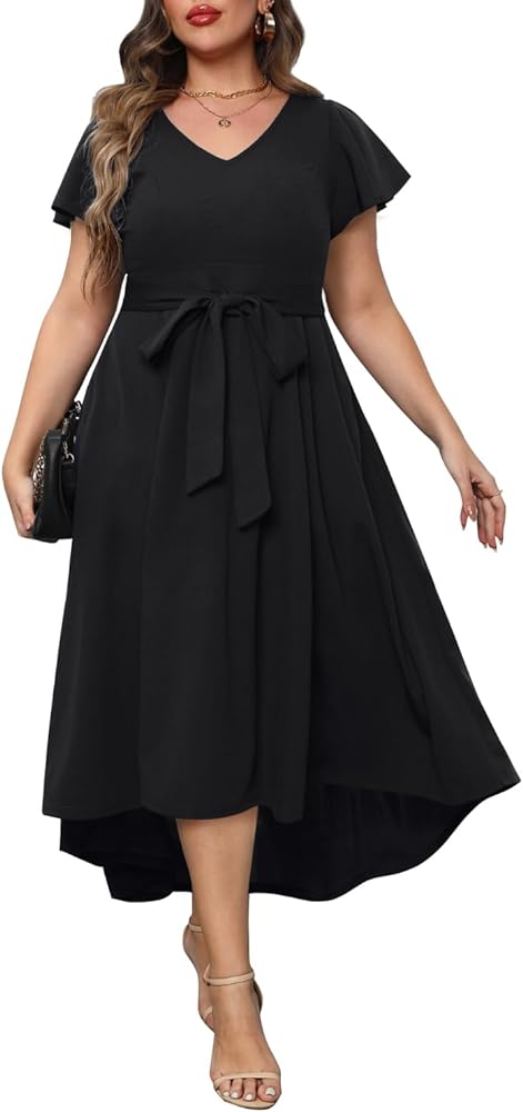 Pinup Fashion Plus Size Wedding Guest Dress Formal - Flutter Sleeve Cocktail Party High Low Dresses with Pockets