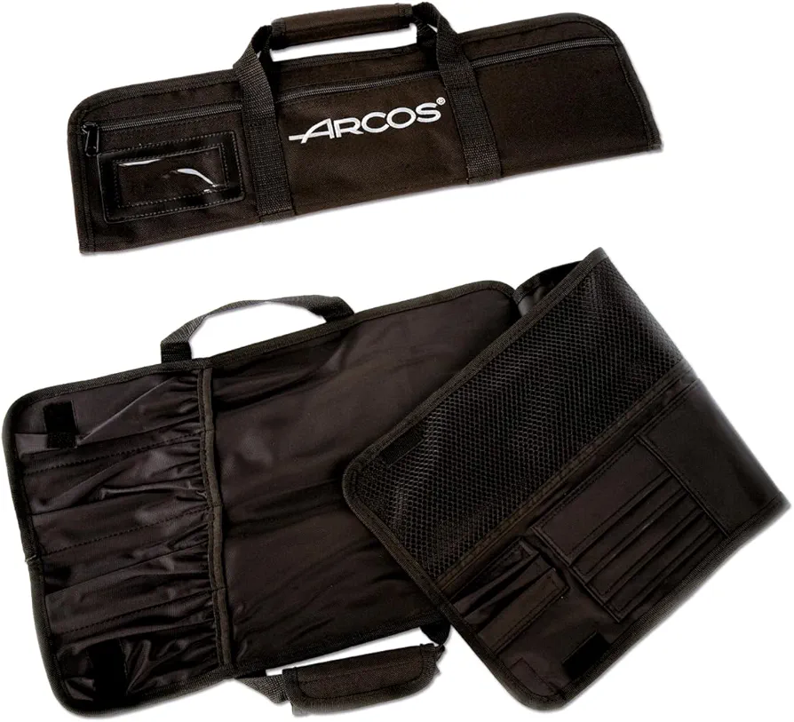 ARCOS Knife Roll Bag 4 pieces 18 x 11 Inch / 460 x 275 mm. 100% Polyester. Knives not included. Series Knife Bag. Color Black