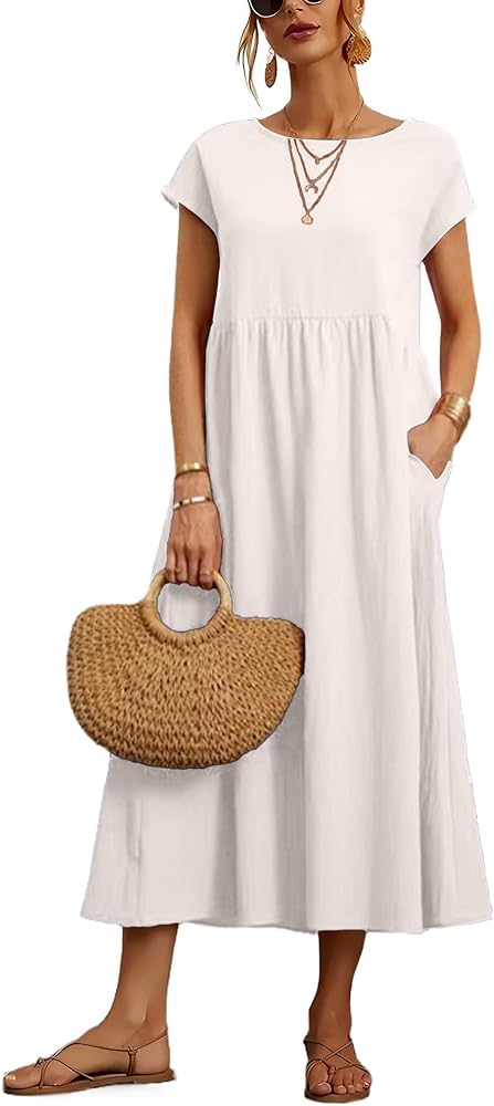 Dresses for Women 2024 Casual Summer Cotton Dress with Pockets Short Sleeve Shirt Midi Long Dress