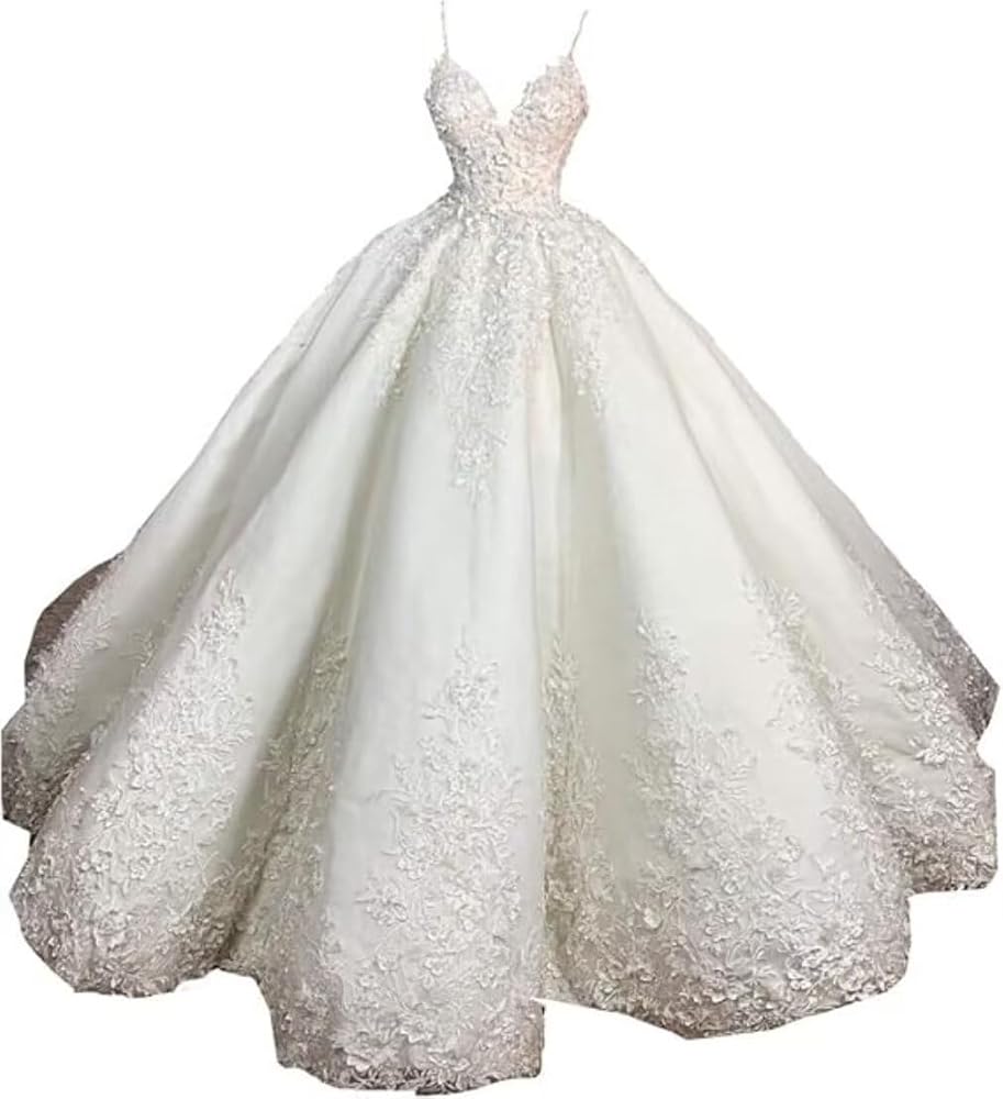 Women's Spaghetti Strap Lace Applique Wedding Dresses for Bride with Train Satin Princess Bridal Ball Gown Plus Size