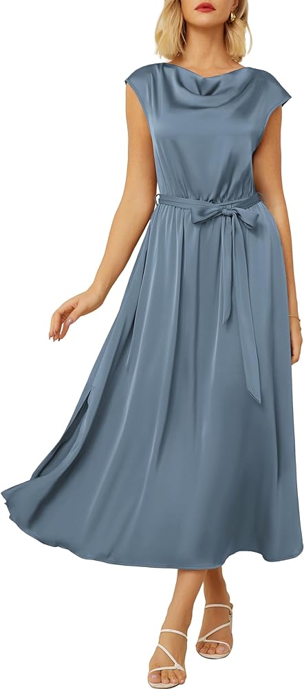 GRACE KARIN Women's 2024 Satin Midi Dress Summer Cap Sleeve Cowl Neck Belted Slit Elegant A-Line Flowy Dress with Pockets