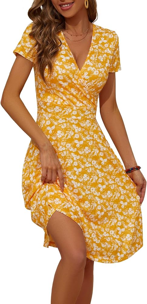 MSBASIC Summer Dresses for Women 2024 Short Sleeve V Neck Wrap Dress Casual Midi Sundresses