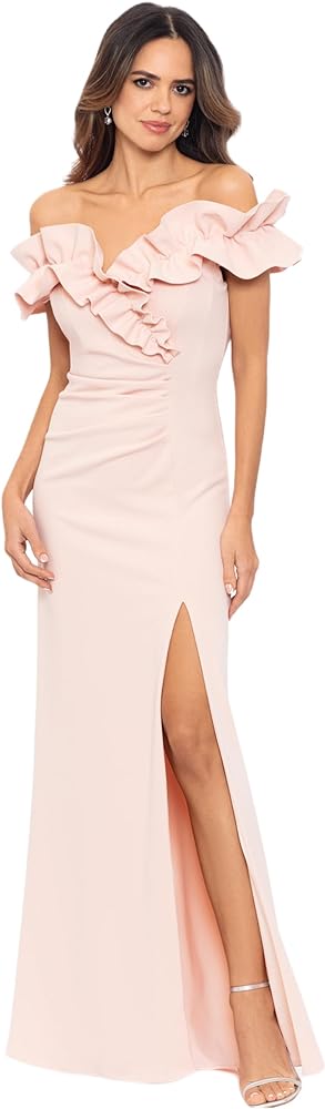 Xscape Women's Long Stretch Scuba Crepe Ruffle Collar Ruched Dress