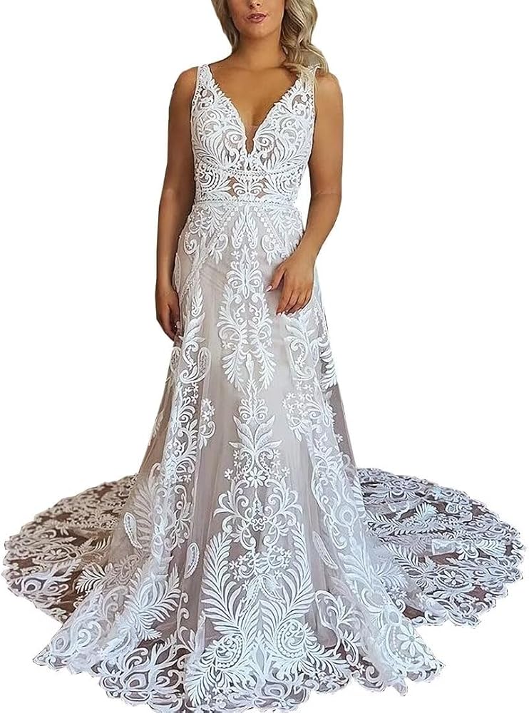 Boho Wedding Dresses for Bride 2023 Lace V Neck Bridal Dress Long Beach A Line Open Back Vintage Wedding Gown