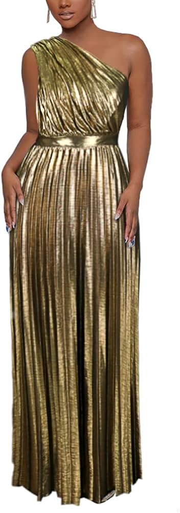 AOMEI Women's Luxury Metallic One Shoulder Sleeveless Elegant Pleated Long Dress