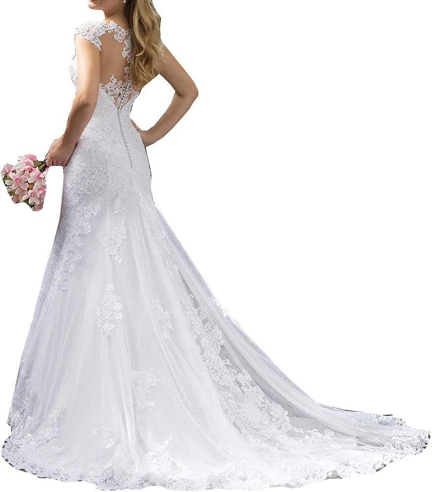 Women's Lace beach Bridal ball Gown plus size Mermaid Wedding Dresses for Bride with Train long