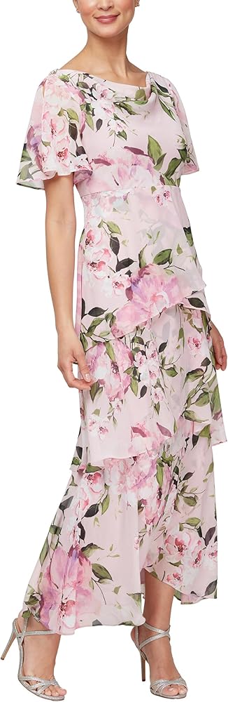 S.L. Fashions Women's Long Printed Cowl Neck Maxi Dress with Flutter Sleeves, Tiered Skirt and Embellishment at Shoulders