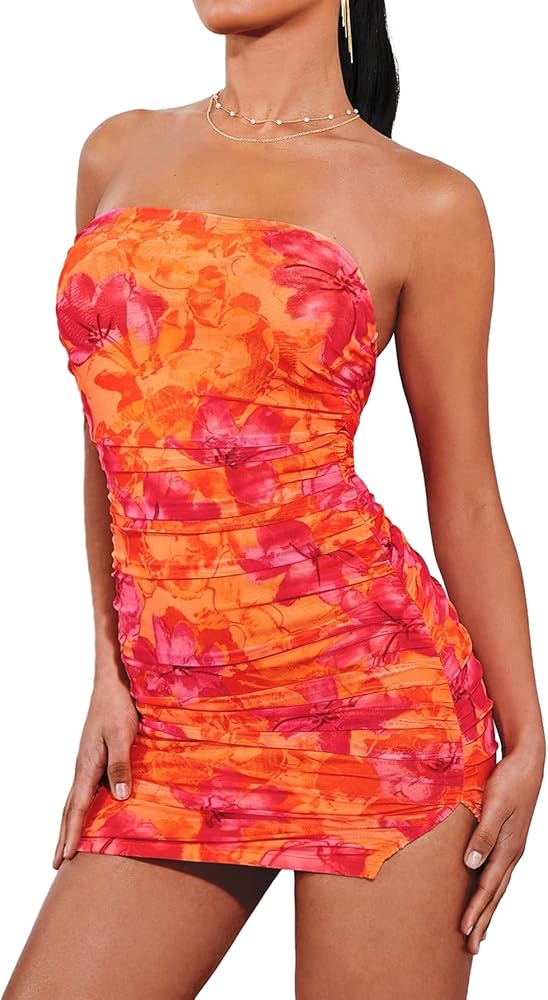 SOLY HUX Women's Floral Tube Dress Summer Strapless Bodycon Mini Dress Party Clubwear