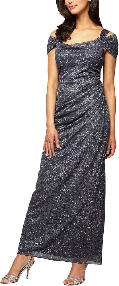 Alex Evenings Women's Long Cold Shoulder Dress, Mother of The Bride, Formal Events, (Petite and Regular Sizes)