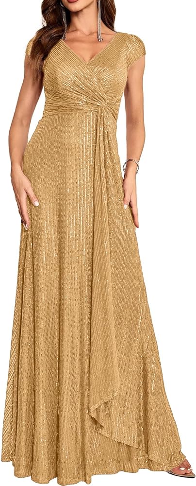 meilun Short Sleeve Sequin Dress for Women Formal Evening Gowns Sparkly V Neck 1920s Long Dress