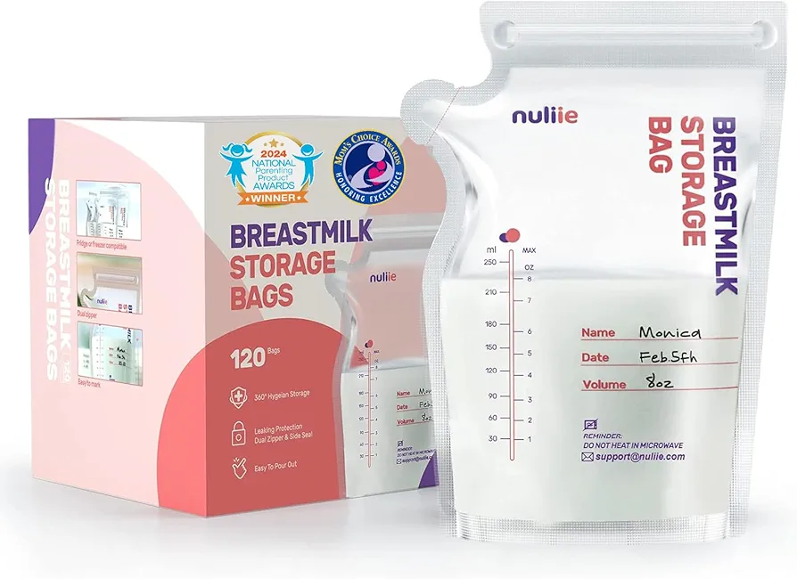 Nuliie 120 Pcs Breastmilk Storage Bags, 8 OZ Breast Milk Storing Bags, BPA-Free, Milk Storage Bags with Pour Spout for Breastfeeding, Self-Standing Bag, Space Saving Flat Profile