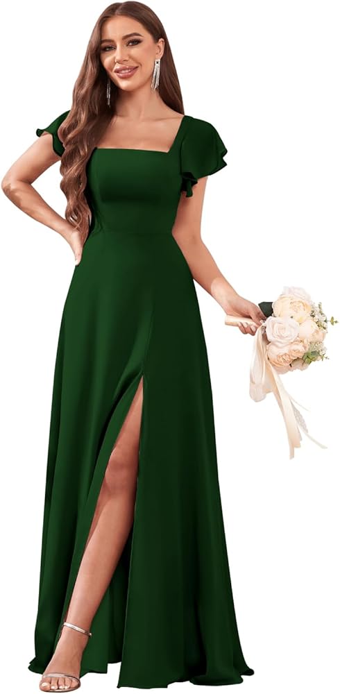 Women's Square Neck Bridesmaid Dresses with Sleeves Chiffon A Line Long Formal Evening Dresses with Slit