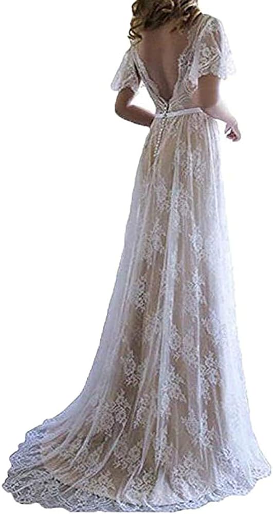 Women's Bohemian Wedding Dresses Short Sleeve V Neck Lace Beach Wedding Gowns