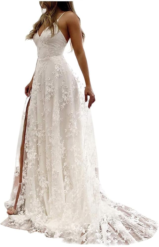 RYANTH Women's Lace Appliques Wedding Dresses for Bride 2024 Simple Beach Wedding Dress Bridal Gowns RWDD92