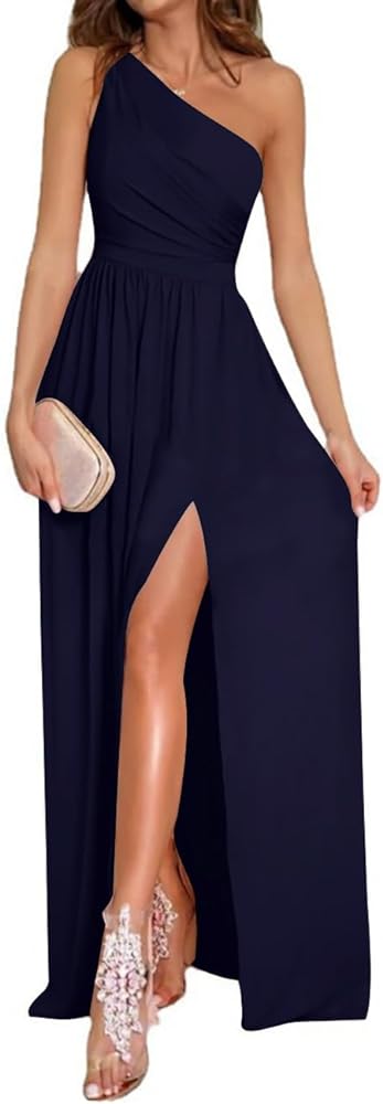 LYANER Women's One Shoulder High Split Sleeveless Ruched Sexy Cocktail Maxi Long Dress