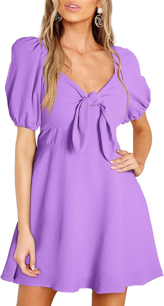 Dokotoo Womens 2023 Spring Summer Deep V Neck Elegant Bow tie Mini Dress S-XL