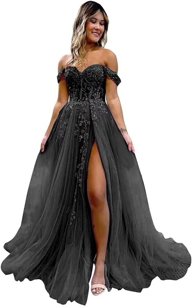 Off The Shoulder Tulle Prom Dresses with Slit Laces Applique Sweetheart Long Formal Evening Party Gowns