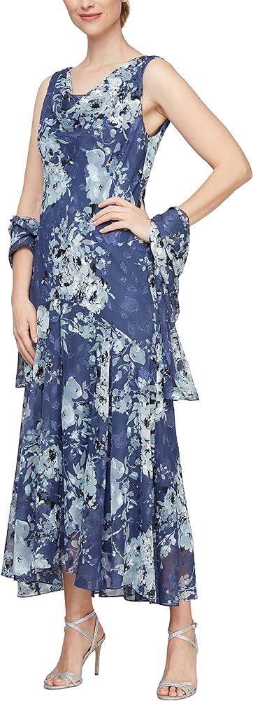 Alex Evenings Women's Sleeveless Printed Chiffon Dress with Shawl