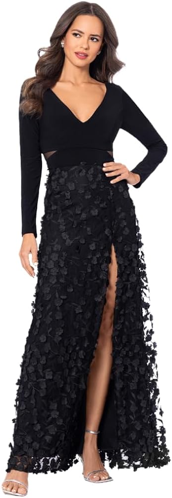 Xscape Women's Long Sleeve V-Neck Floral Skirted Gown (Reg and Petite)