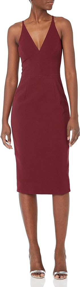 Dress the Population Women's Lyla Plunging Sleeveless Fitted Midi Sheath Dress