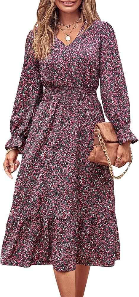 PRETTYGARDEN Women's Casual Long Sleeve Midi Fall Dress Boho Pleated V Neck Ruffled Vintage Floral Print Flowy Long Dresses