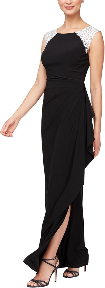 Alex Evenings Women's Long Jersey Dress with Ruched Front and Embellished Neckline (Petite and Regular Sizes)