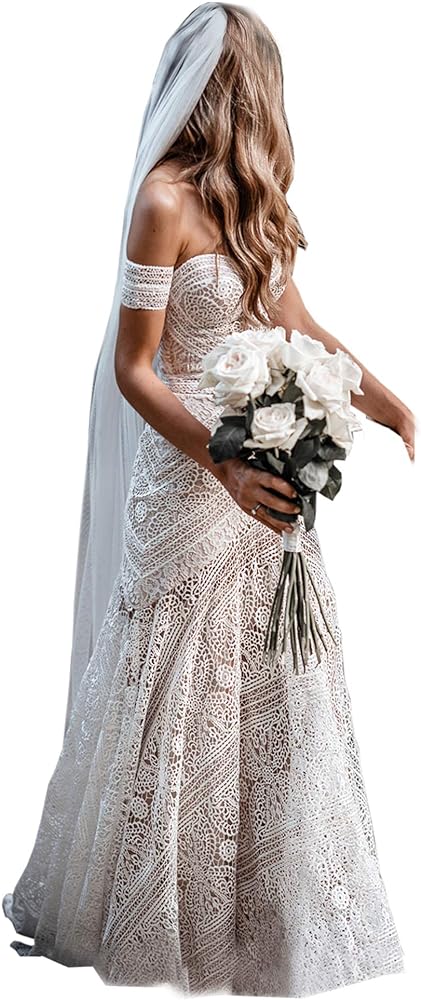 LIPOSA Women's Bohemian Wedding Dresses with Detachable Arm Bands Sweetheart Mermaid Lace Bridal Gown