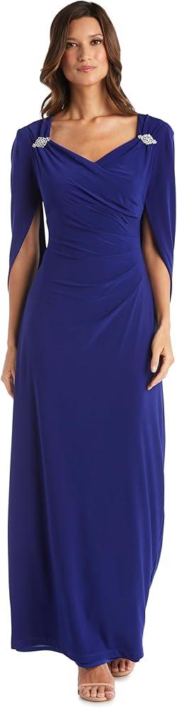 R&M Richards Draped Shoulder Dress with Rhinestone Detailing