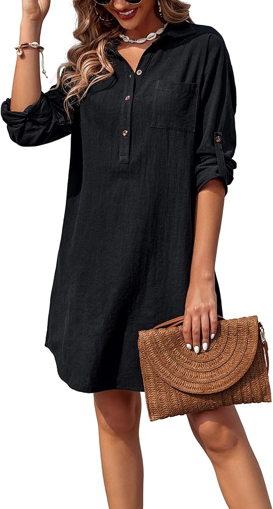 Zeagoo Women Summer Dress Cotton Linen Shirt Dress Button Down Tunic Dress Beach Cover Up Dress