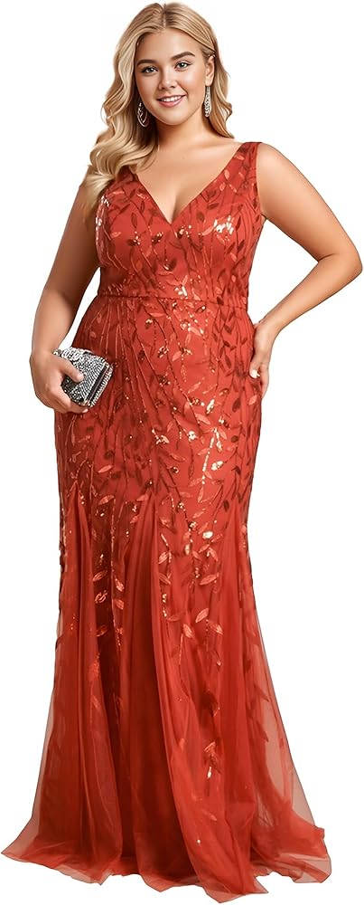 Ever-Pretty Women's Plus Size Sequin Deep V-Neck Sleeveless Bodycon Maxi Evening Prom Dress 07886-PZUSA