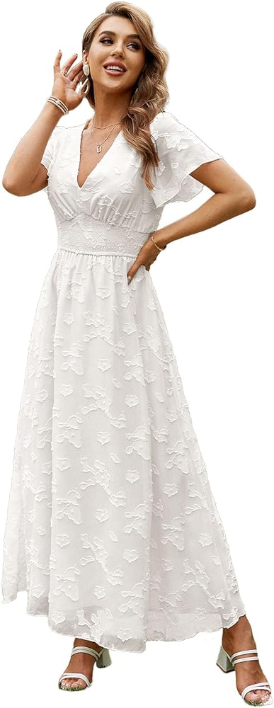 Simplee Women's Boho Floral Maxi Dress Flowy Casual V Neck Short Sleeve Wedding Guest Holiday Beach Long Dress