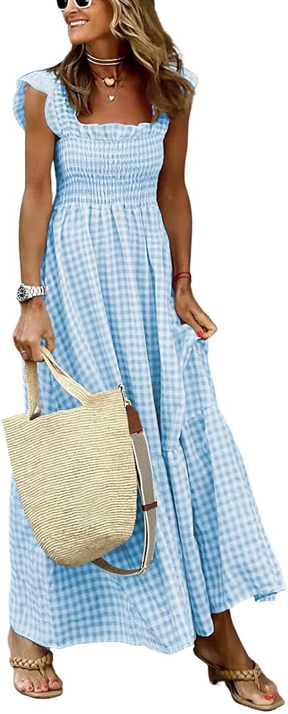 chouyatou Women's Retro Plaid Smocked Dress Spaghetti Strap Flounce Long Dress