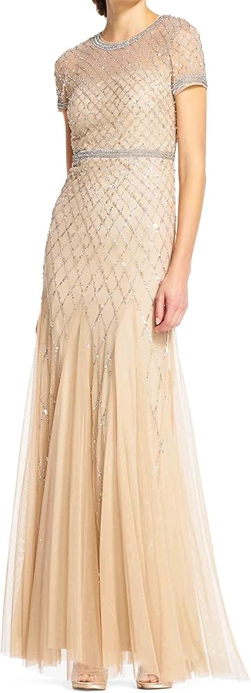 Adrianna Papell Women's Short-sleeve Grid Beaded Gown