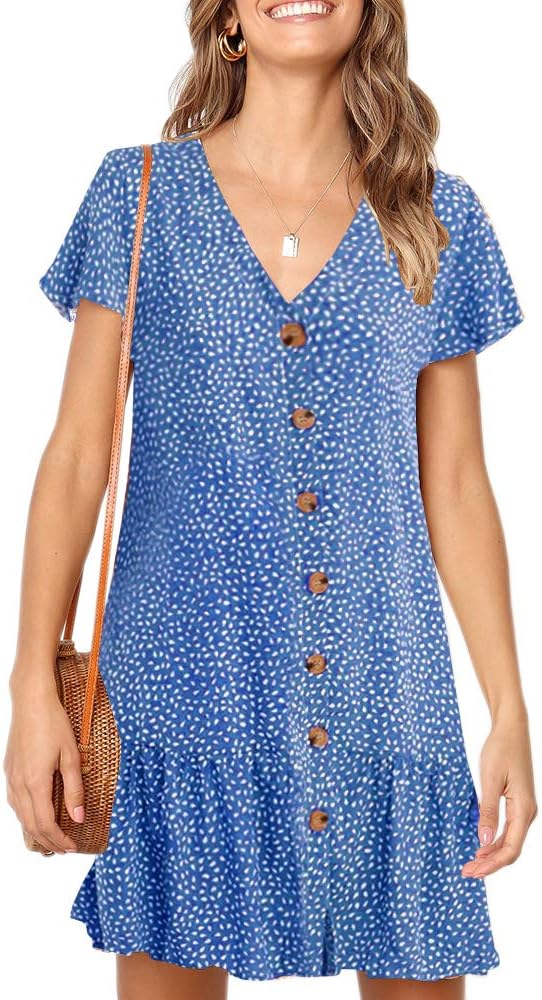 Imysty Womens Polka Dot V Neck Button Down Ruffles Loose Mini Short T-Shirt Dress