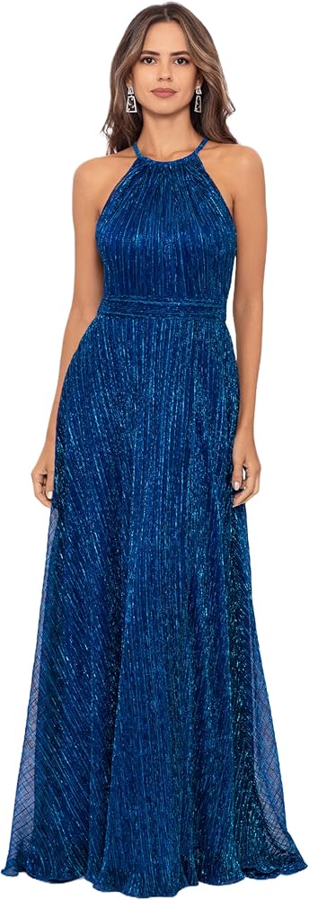 Betsy & Adam Women's Long Metallic Sleeveless Halter Neck Wrap Overlay Gown