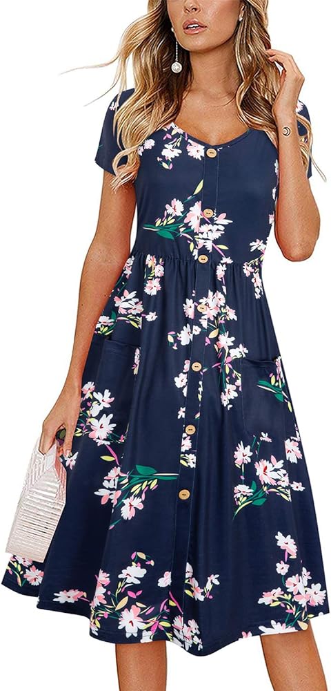 VOTEPRETTY Women's Short Sleeve V Neck Sundress Summer Casual Button Floral Dress with Pockets